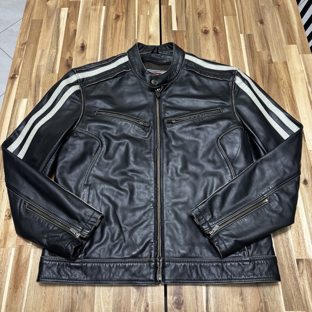 Vintage River Road Leather Jacket Mens L Black Hoodlum Motorcycle White Stripe
